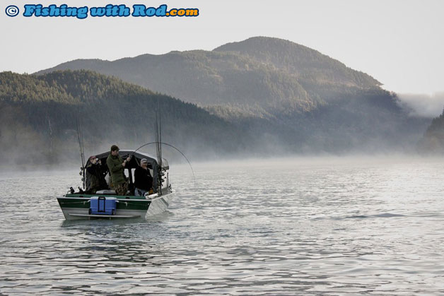 Guided anglers fishing for BC's chinook salmon in early morning.