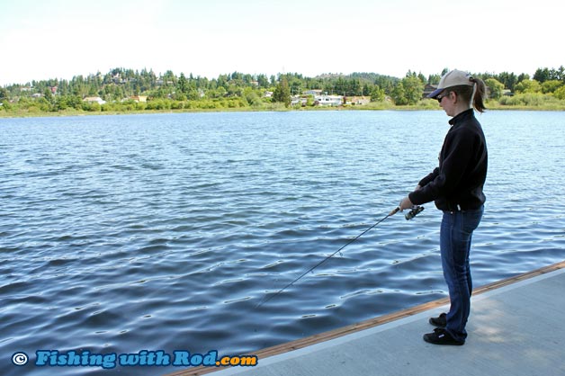 Pier fishing for rainbow trout at Diver Lake in Nanaimo, Vancouver Island