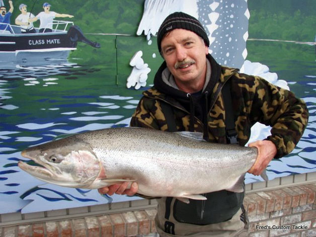 Local Chilliwack angler Peter MacPherson with a large steelhead at the annual Wally Hall Junior Memorial Fishing Derby
