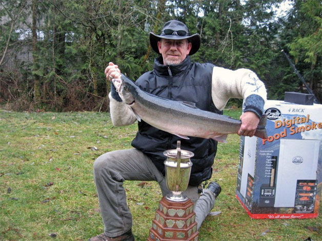 Wade Dean, winner of 70th Chilliwack River Boxing Day Steelhead Derby, and his winny fish. Photograph by Chris Gadsden.